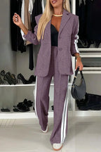 Full Size Contrast Lapel Collar Top and Pants Set - Charmdeals