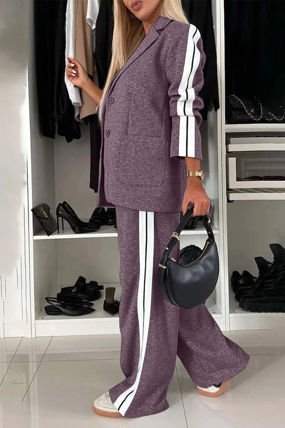 Full Size Contrast Lapel Collar Top and Pants Set - Charmdeals