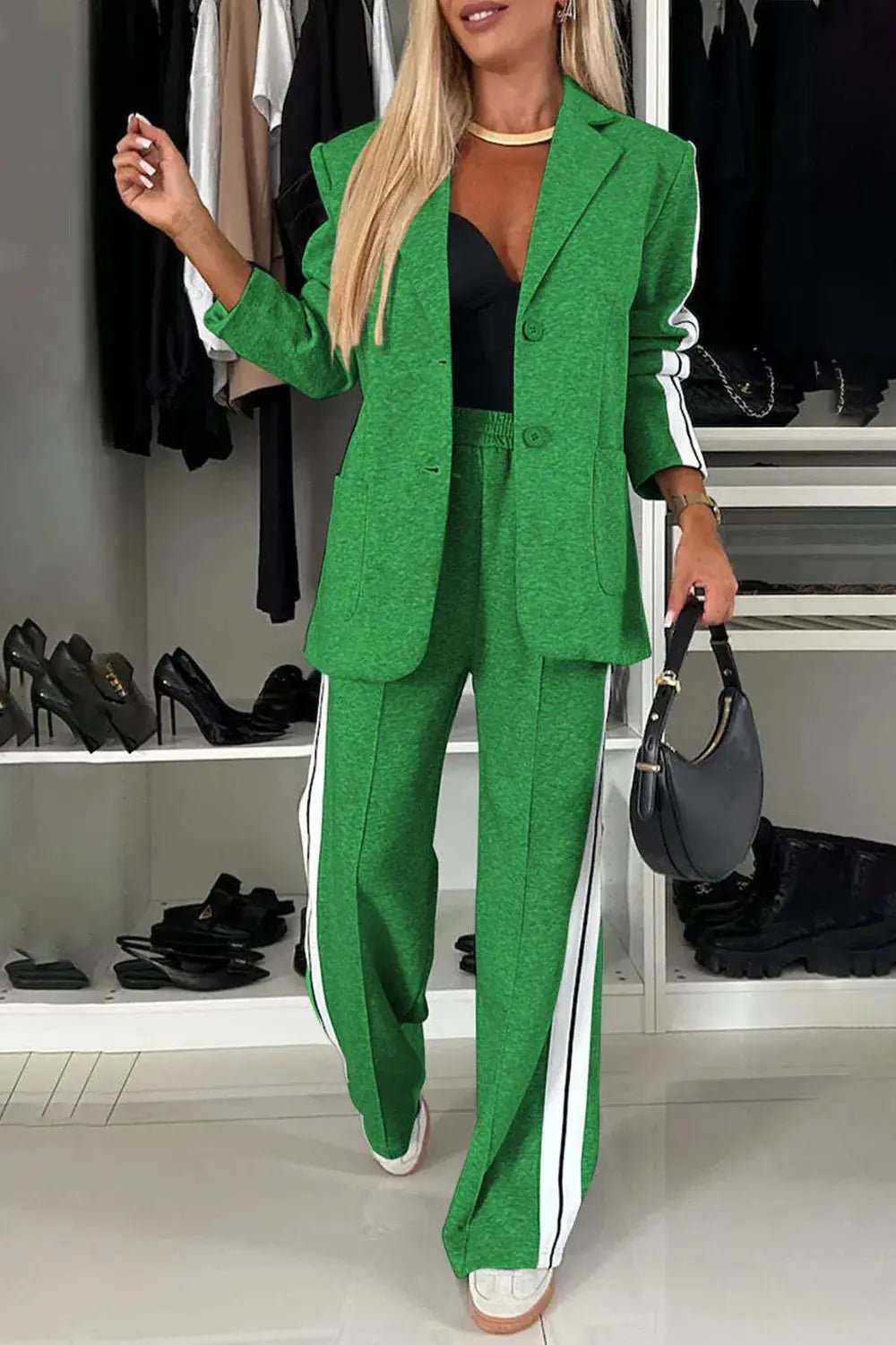 Full Size Contrast Lapel Collar Top and Pants Set - Charmdeals