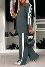 Full Size Contrast Lapel Collar Top and Pants Set - Charmdeals
