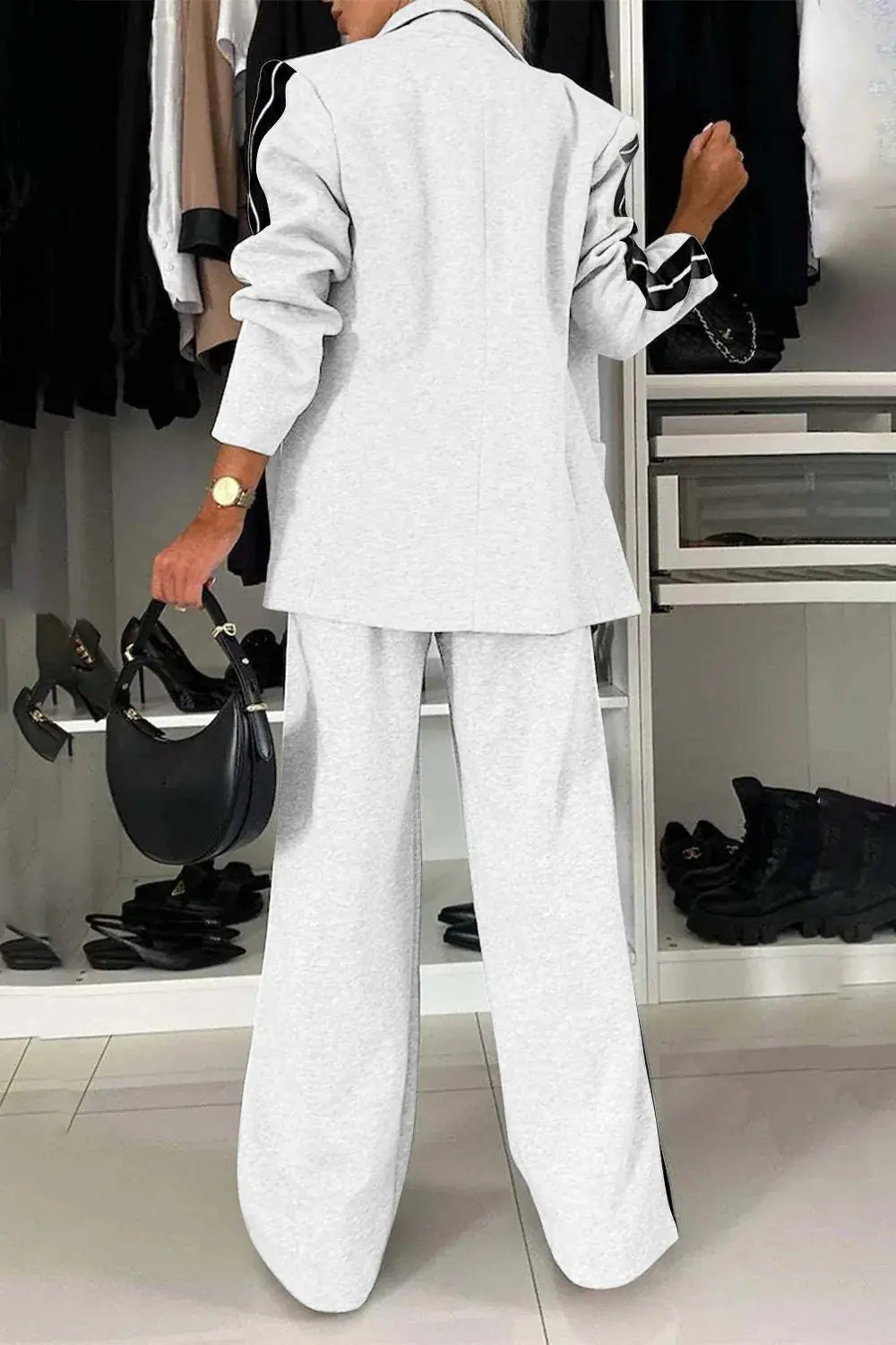 Full Size Contrast Lapel Collar Top and Pants Set - Charmdeals