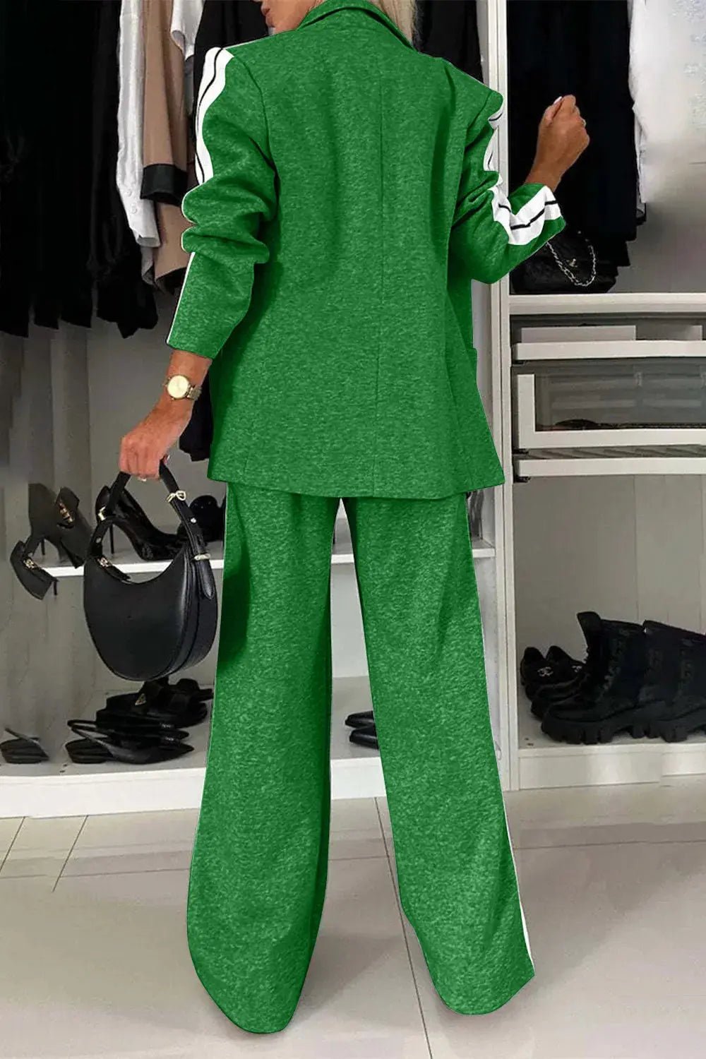 Full Size Contrast Lapel Collar Top and Pants Set - Charmdeals