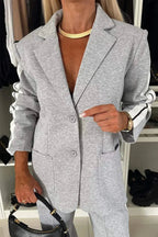 Full Size Contrast Lapel Collar Top and Pants Set - Charmdeals
