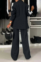 Full Size Contrast Lapel Collar Top and Pants Set - Charmdeals