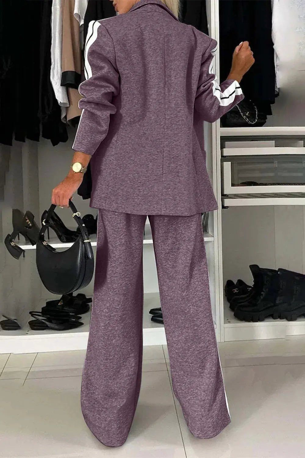 Full Size Contrast Lapel Collar Top and Pants Set - Charmdeals
