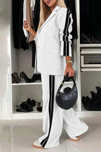 Full Size Contrast Lapel Collar Top and Pants Set - Charmdeals