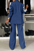 Full Size Contrast Lapel Collar Top and Pants Set - Charmdeals