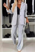 Full Size Contrast Lapel Collar Top and Pants Set - Charmdeals