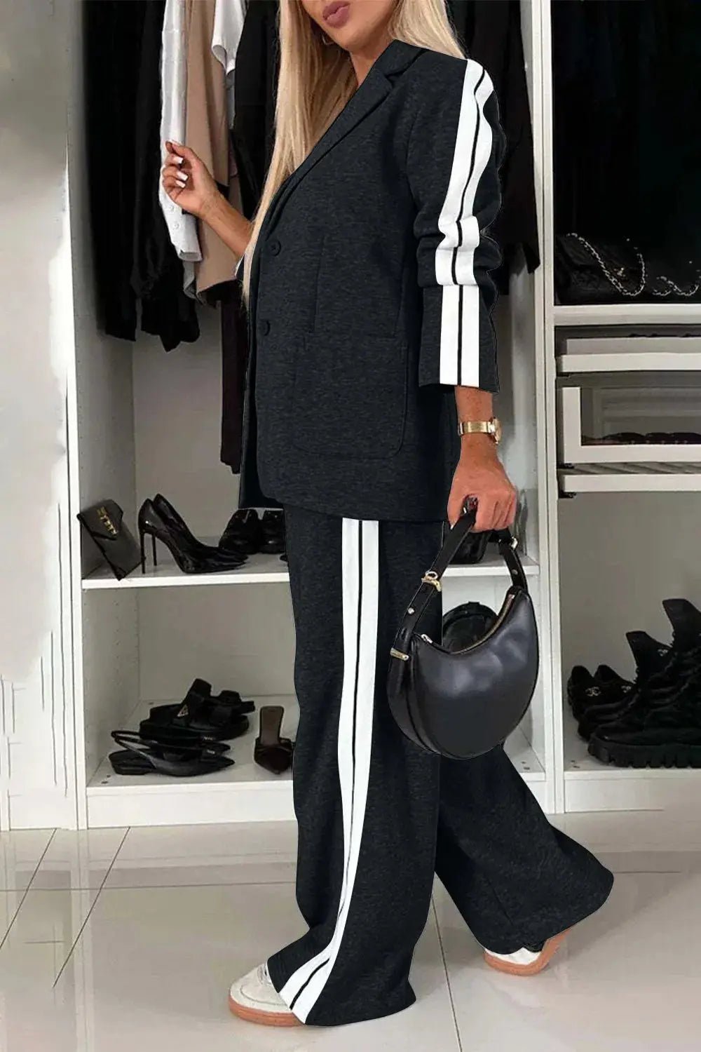 Full Size Contrast Lapel Collar Top and Pants Set - Charmdeals