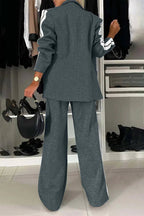Full Size Contrast Lapel Collar Top and Pants Set - Charmdeals