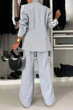Full Size Contrast Lapel Collar Top and Pants Set - Charmdeals