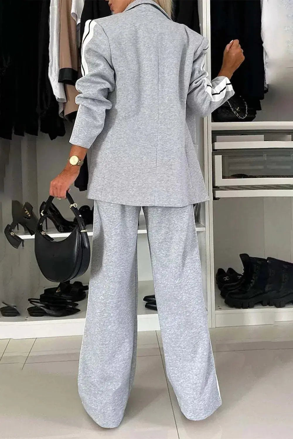 Full Size Contrast Lapel Collar Top and Pants Set - Charmdeals