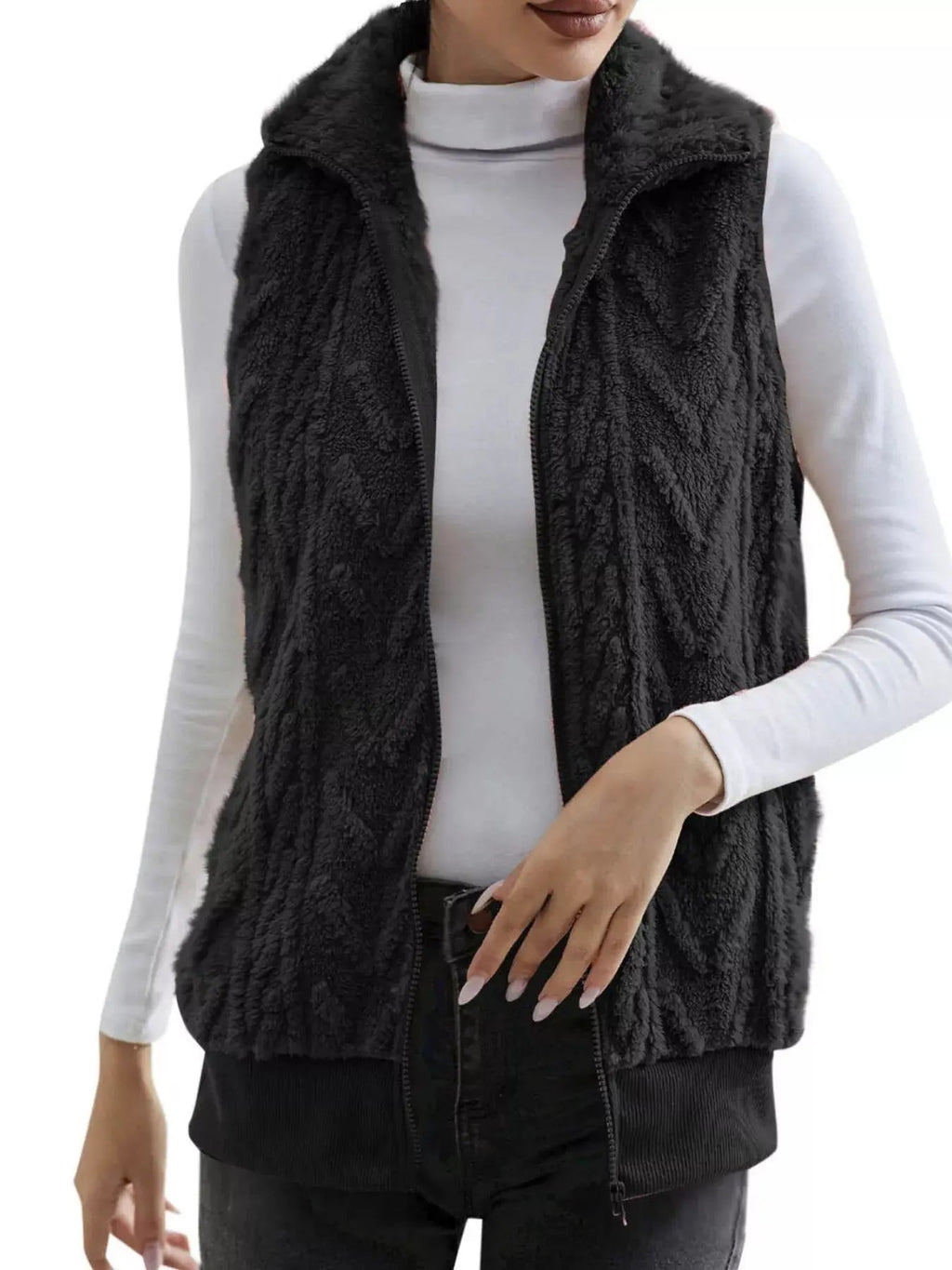 Full Size Cozy Faux Fur Zip - Up Vest Coat Plus Size - Charmdeals