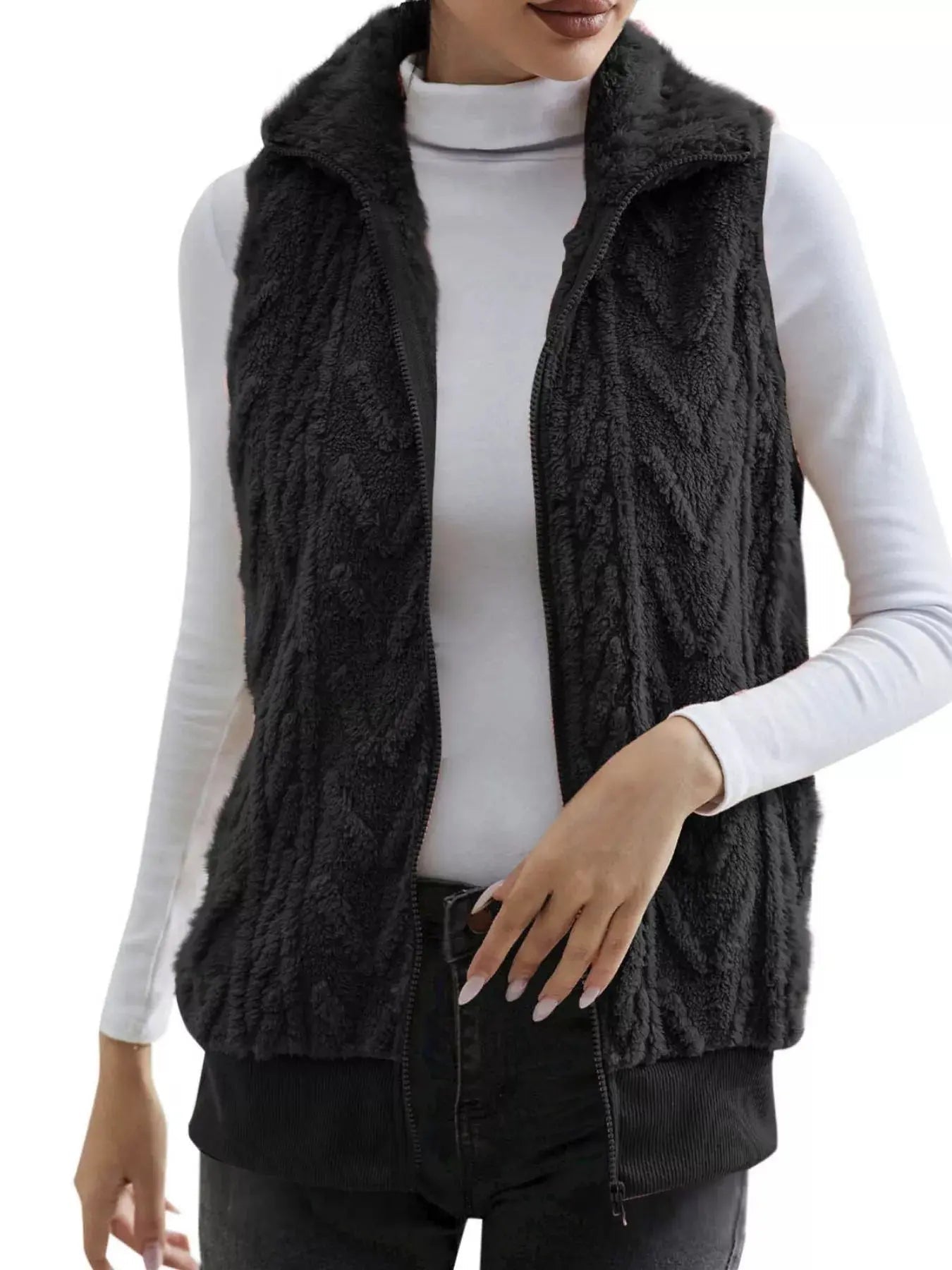 Full Size Cozy Faux Fur Zip - Up Vest Coat Plus Size - Charmdeals