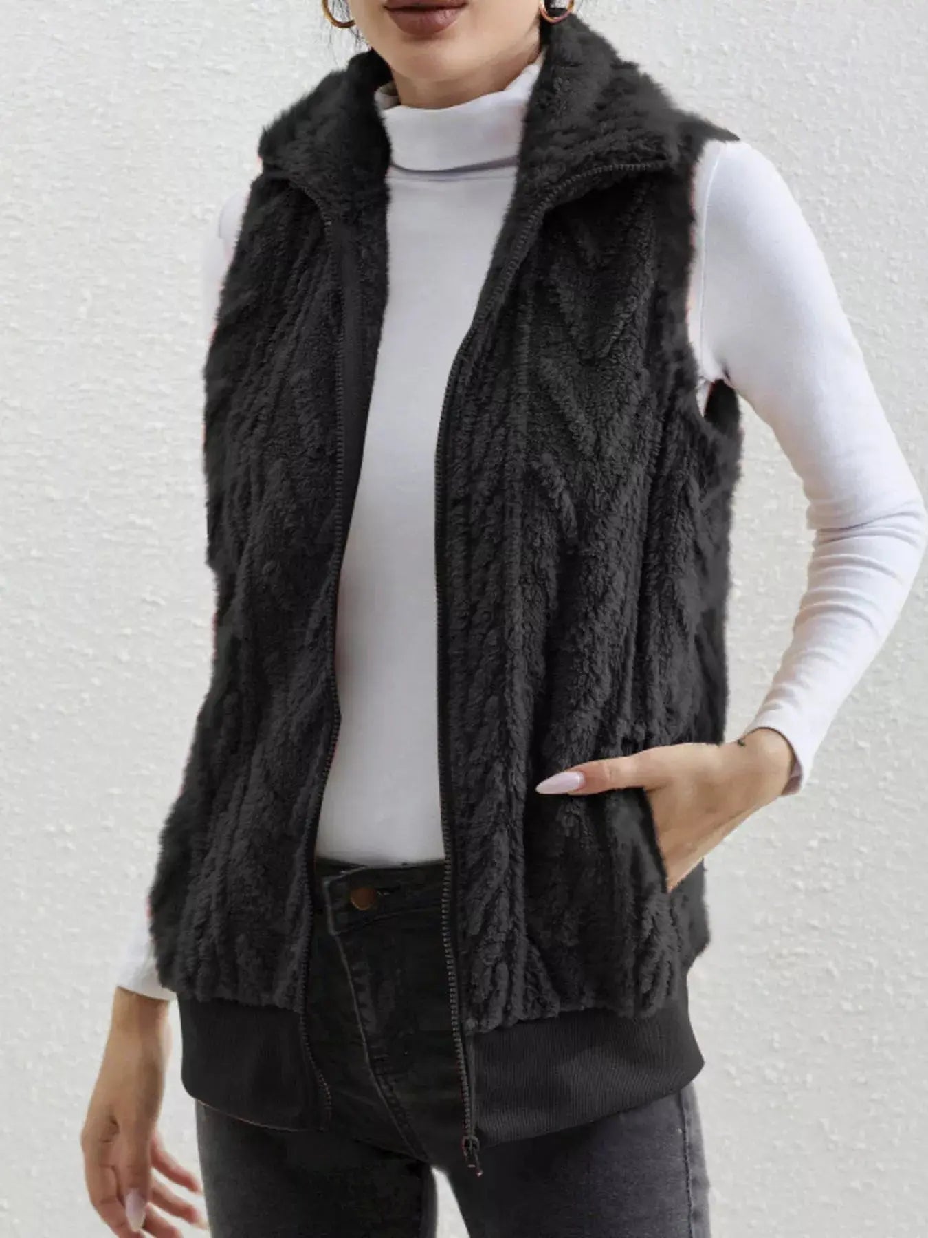 Full Size Cozy Faux Fur Zip - Up Vest Coat Plus Size - Charmdeals