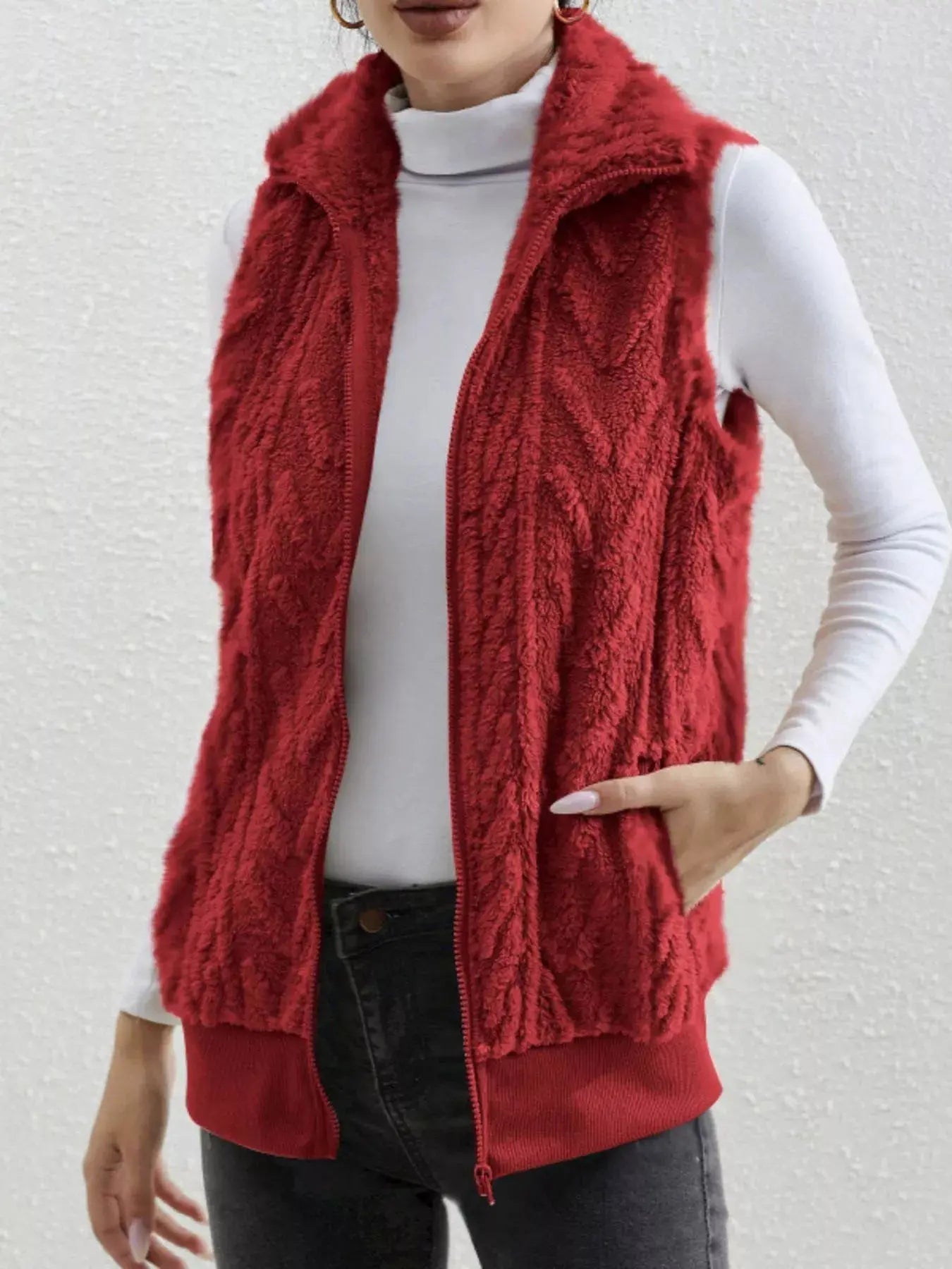 Full Size Cozy Faux Fur Zip - Up Vest Coat Plus Size - Charmdeals