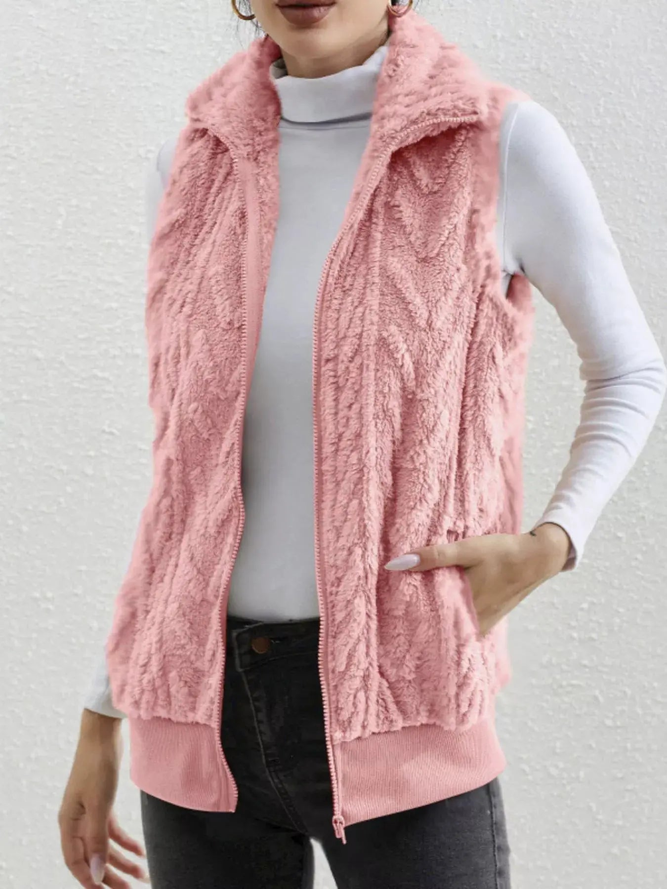 Full Size Cozy Faux Fur Zip - Up Vest Coat Plus Size - Charmdeals