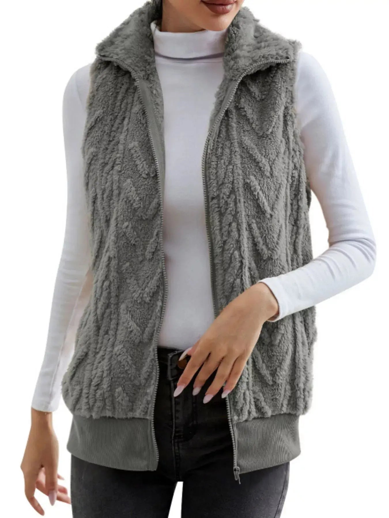 Full Size Cozy Faux Fur Zip - Up Vest Coat Plus Size - Charmdeals