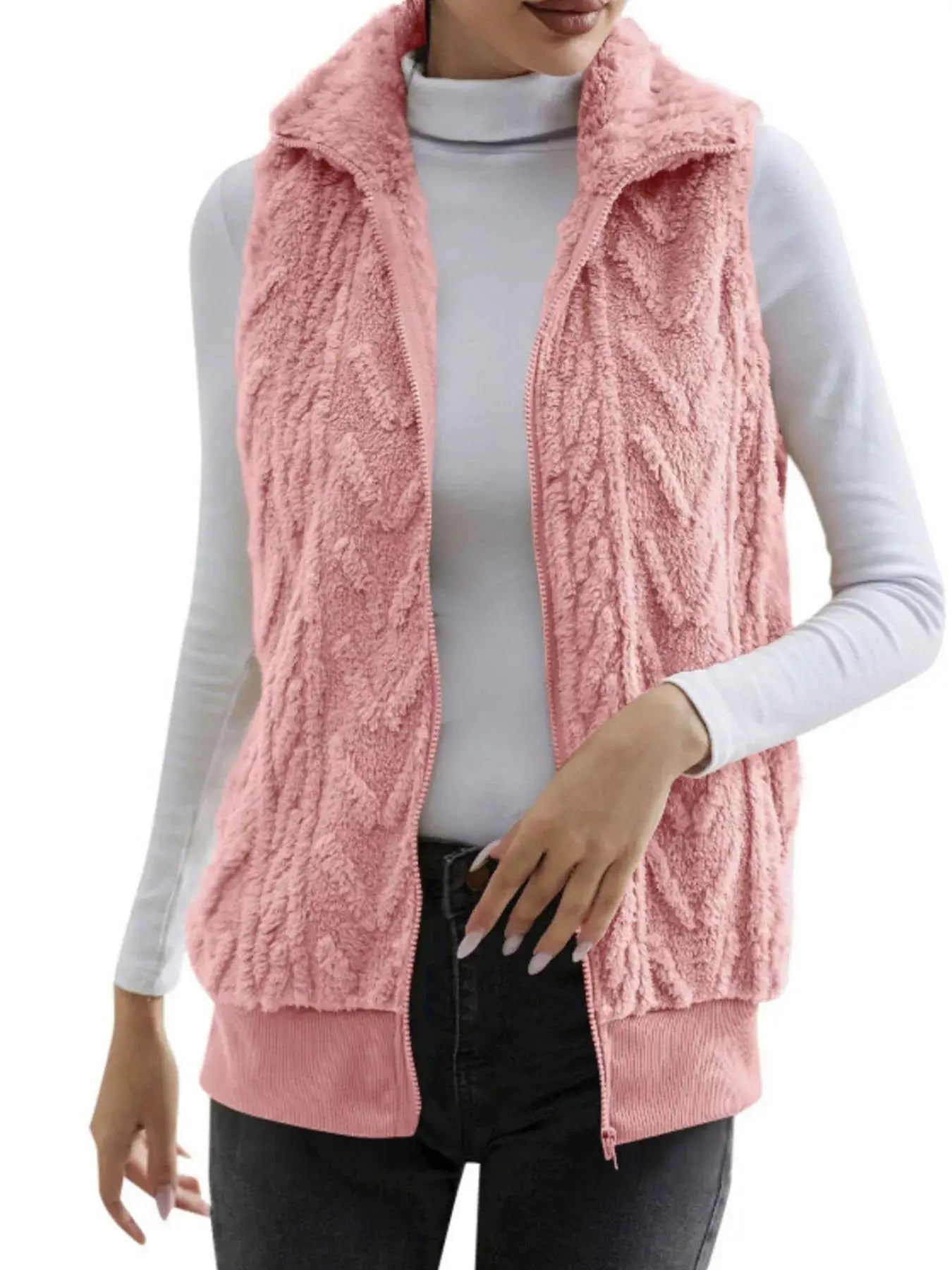 Full Size Cozy Faux Fur Zip - Up Vest Coat Plus Size - Charmdeals