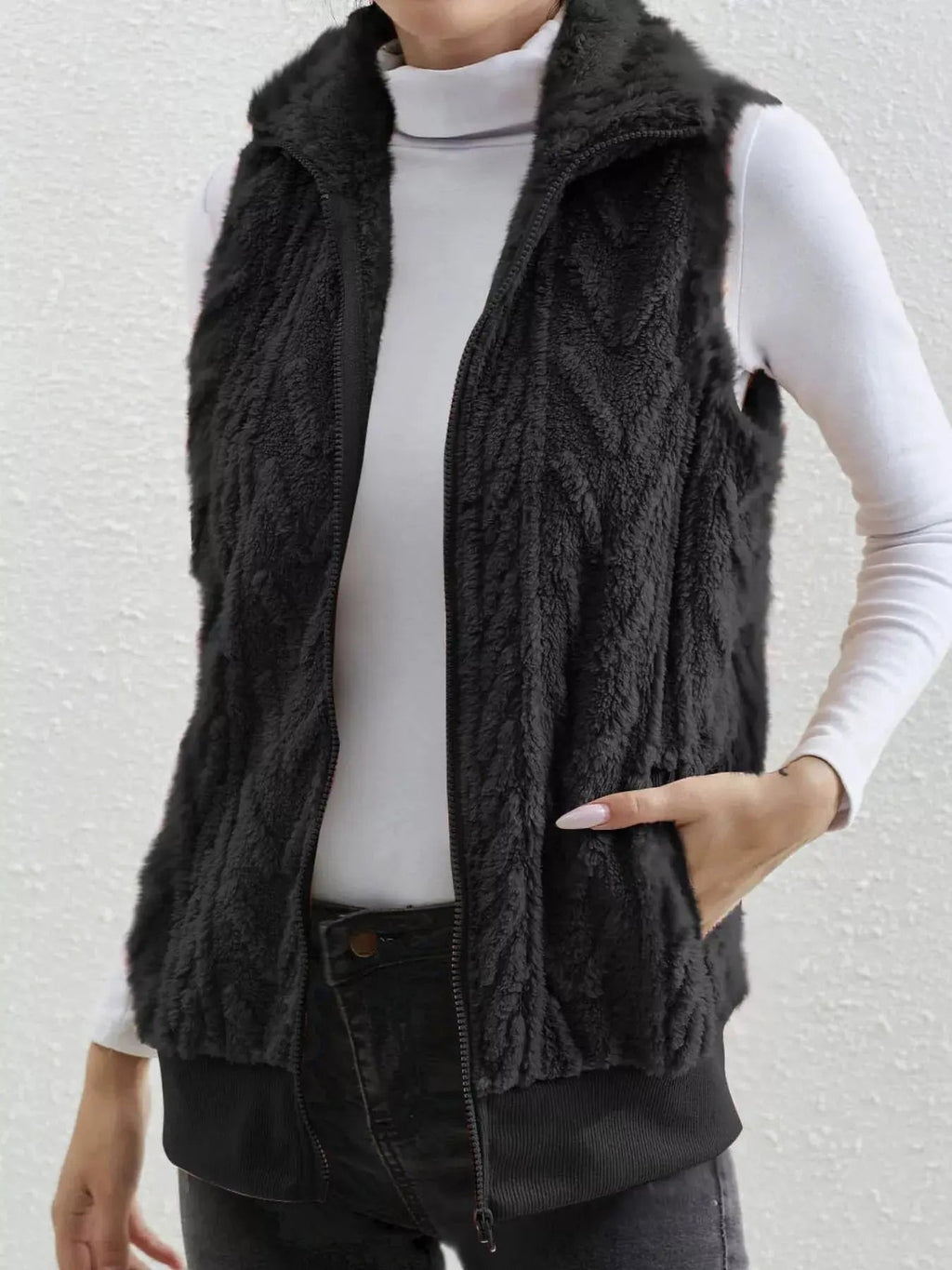 Full Size Cozy Faux Fur Zip - Up Vest Coat Plus Size - Charmdeals
