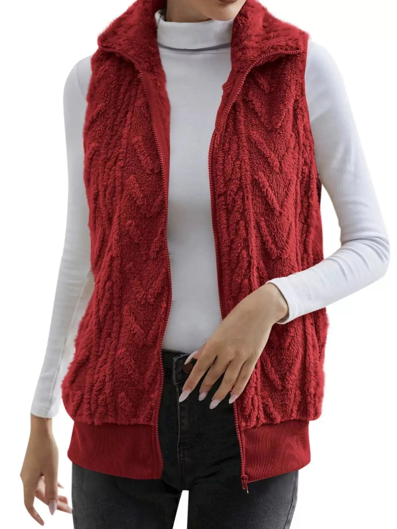 Full Size Cozy Faux Fur Zip - Up Vest Coat Plus Size - Charmdeals