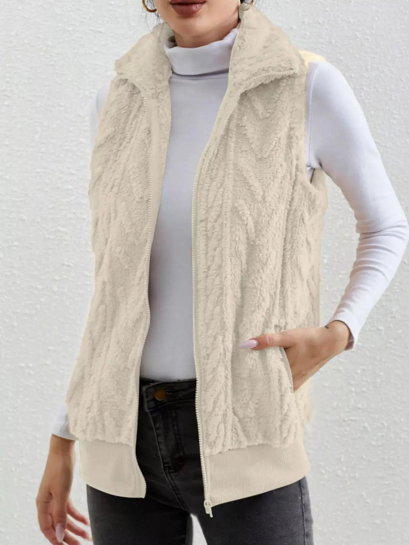 Full Size Cozy Faux Fur Zip - Up Vest Coat Plus Size - Charmdeals