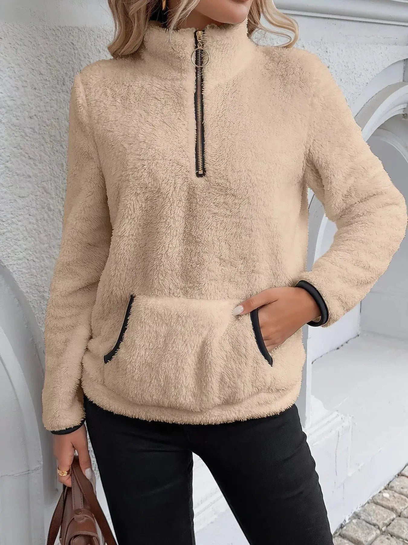 Full Size Cozy Fleece Quarter Zip Long Sleeve Sweatshirt Plus Size - Charmdeals