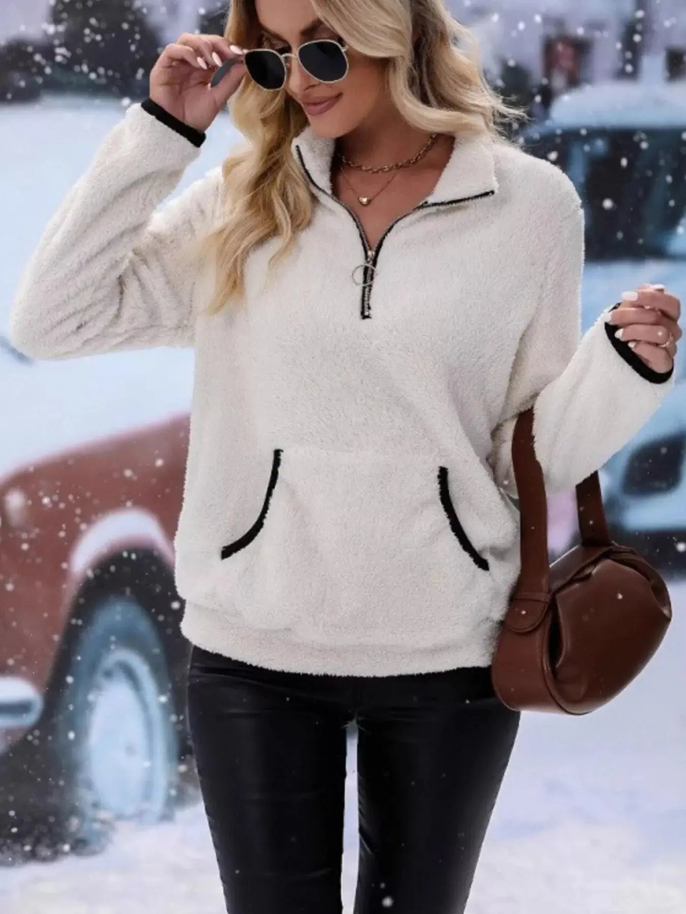 Full Size Cozy Fleece Quarter Zip Long Sleeve Sweatshirt Plus Size - Charmdeals