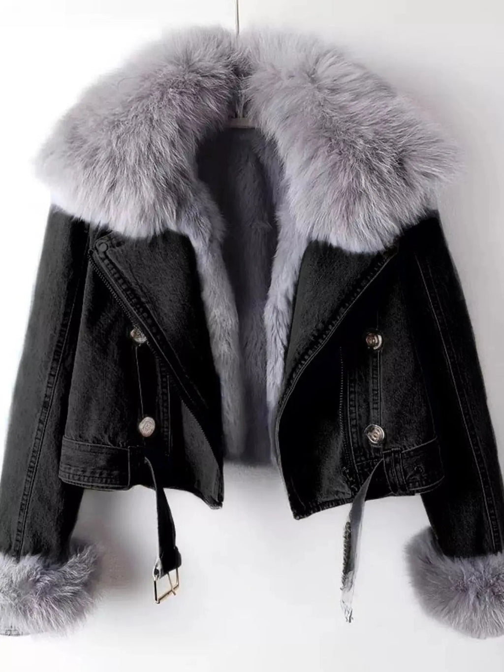 Full Size Faux Fur Collar Denim Jacket Plus Size - Charmdeals