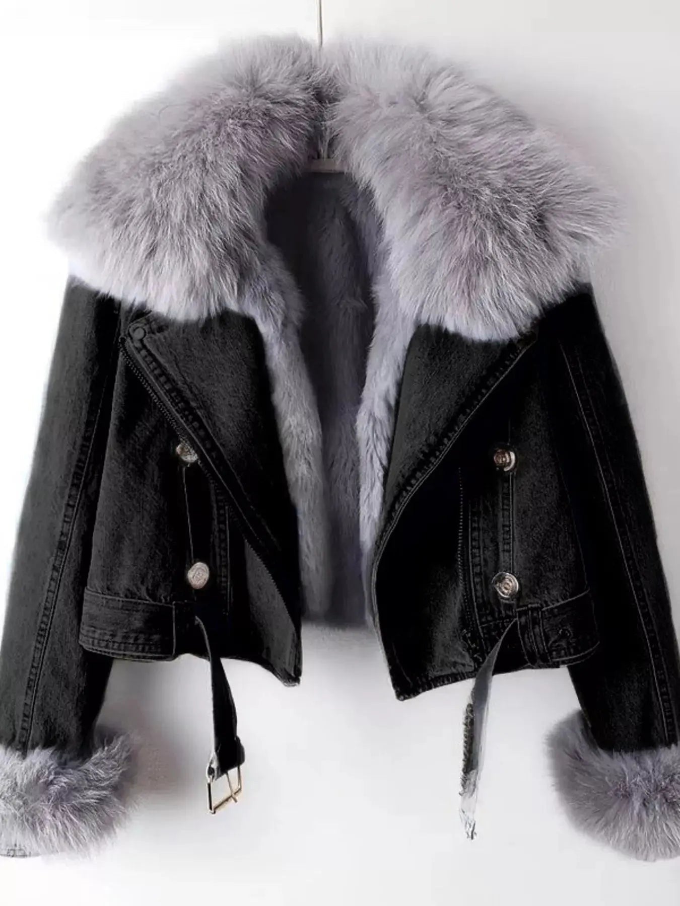 Full Size Faux Fur Collar Denim Jacket Plus Size - Charmdeals
