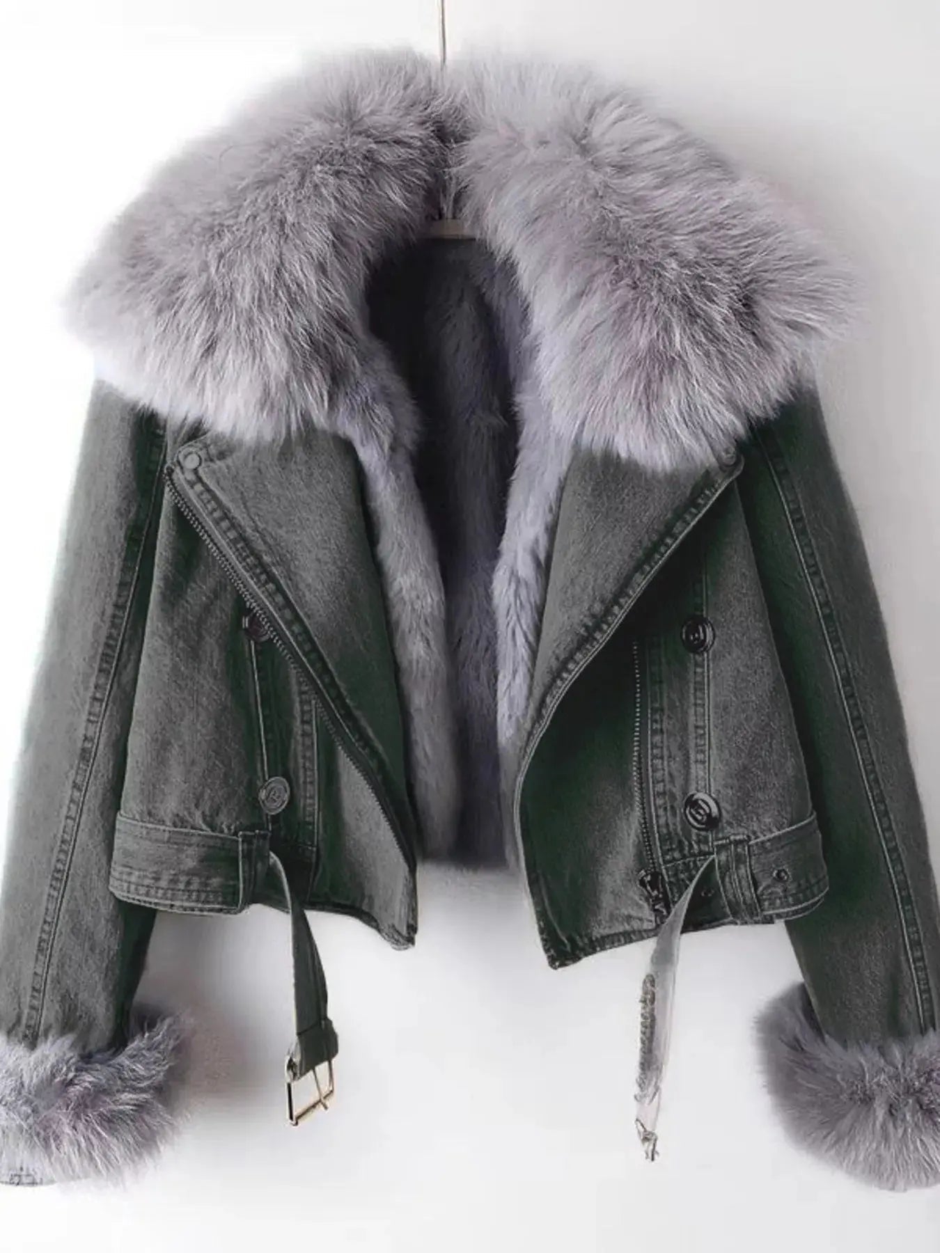 Full Size Faux Fur Collar Denim Jacket Plus Size - Charmdeals
