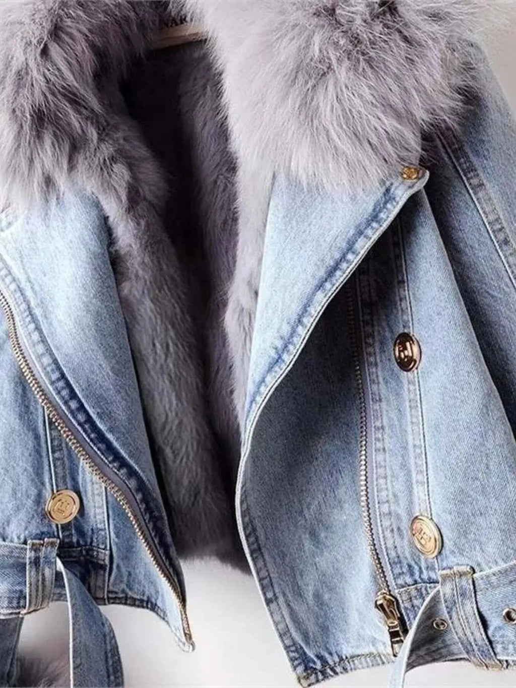 Full Size Faux Fur Collar Denim Jacket Plus Size - Charmdeals