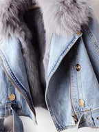 Full Size Faux Fur Collar Denim Jacket Plus Size - Charmdeals