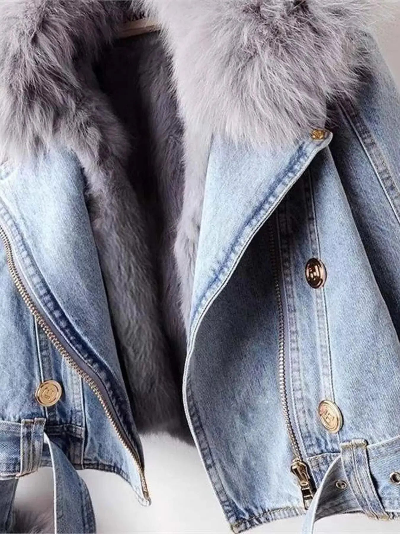 Full Size Faux Fur Collar Denim Jacket Plus Size - Charmdeals