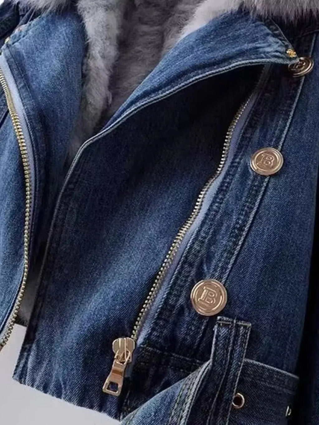 Full Size Faux Fur Collar Denim Jacket Plus Size - Charmdeals