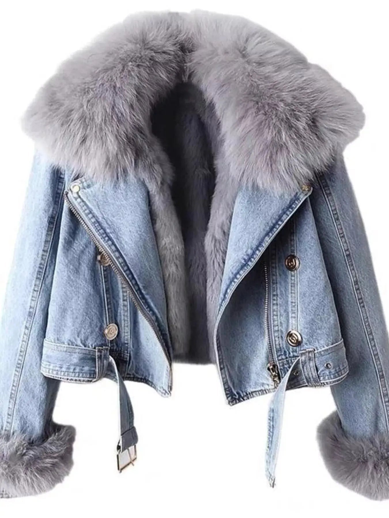 Full Size Faux Fur Collar Denim Jacket Plus Size - Charmdeals