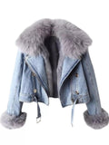 Full Size Faux Fur Collar Denim Jacket Plus Size - Charmdeals
