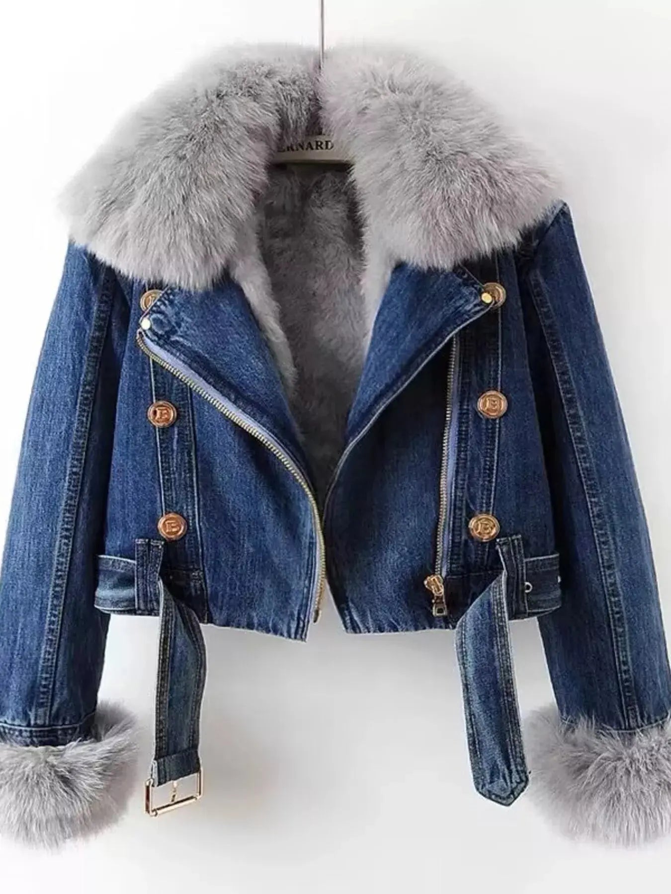 Full Size Faux Fur Collar Denim Jacket Plus Size - Charmdeals