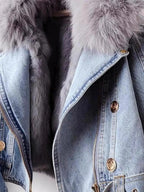 Full Size Faux Fur Collar Denim Jacket Plus Size - Charmdeals