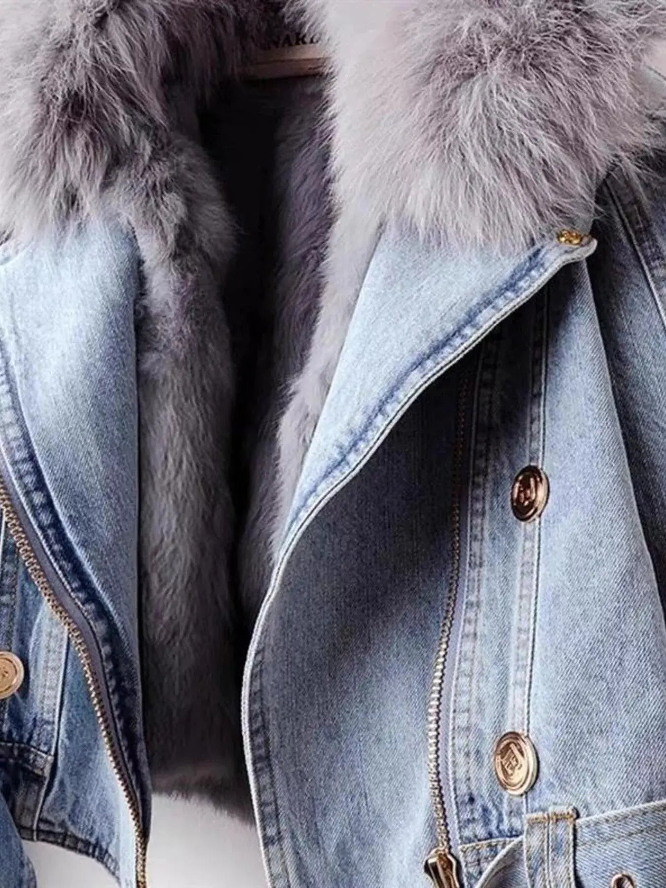 Full Size Faux Fur Collar Denim Jacket Plus Size - Charmdeals