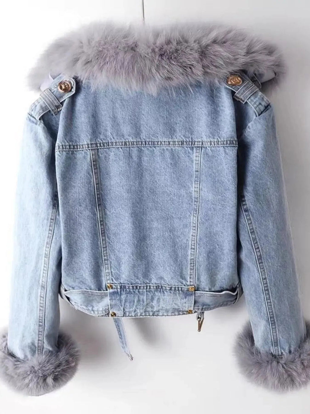Full Size Faux Fur Collar Denim Jacket Plus Size - Charmdeals