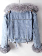 Full Size Faux Fur Collar Denim Jacket Plus Size - Charmdeals