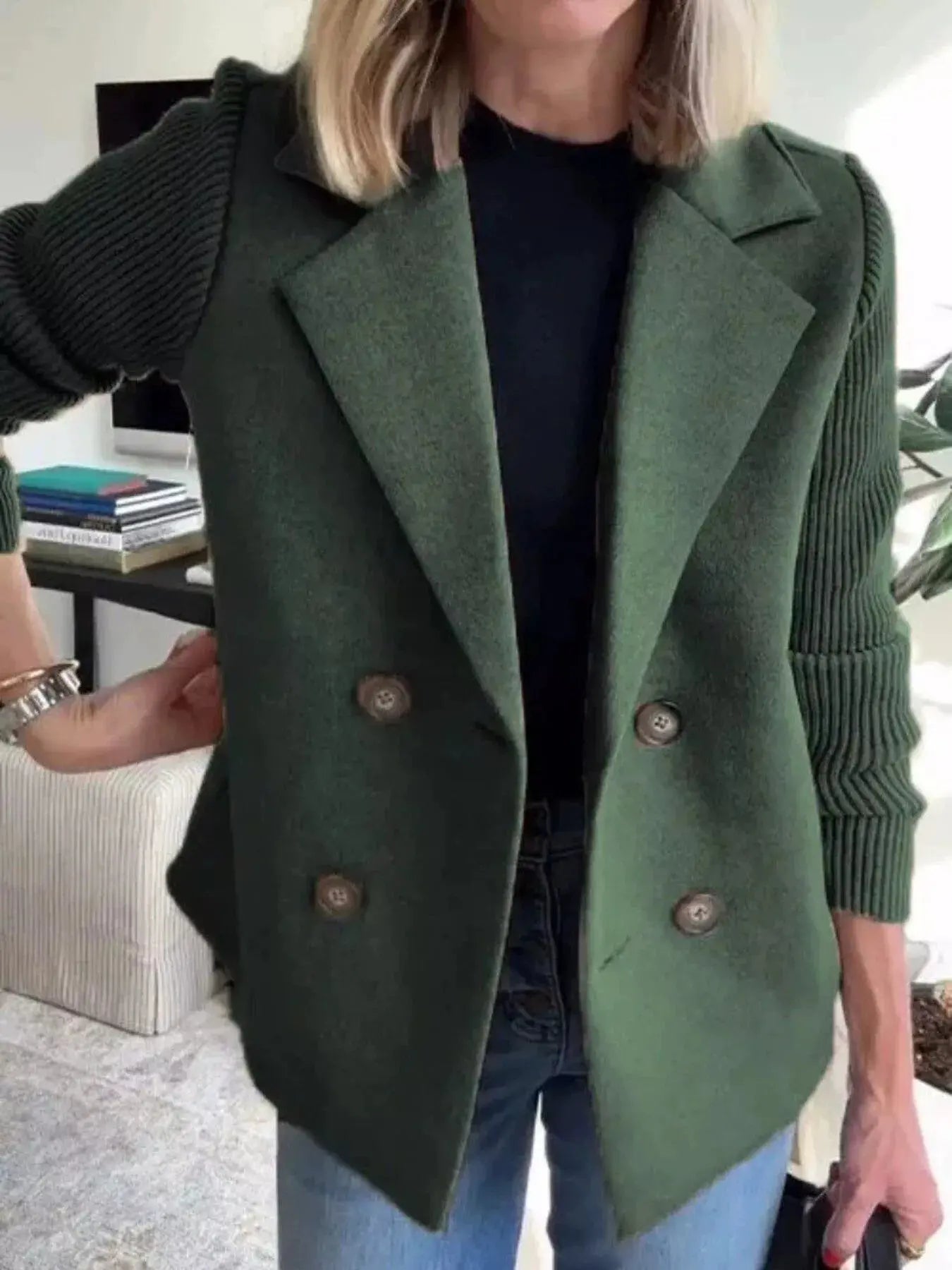Full Size Knit Sleeve Double - Breasted Outerwear Plus Size - Charmdeals