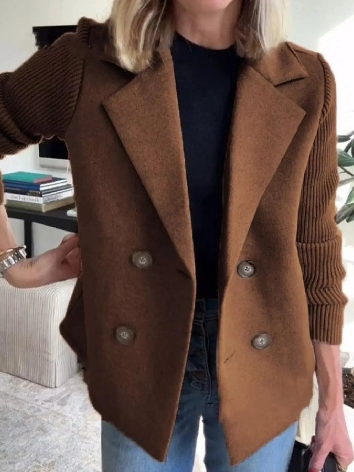 Full Size Knit Sleeve Double - Breasted Outerwear Plus Size - Charmdeals