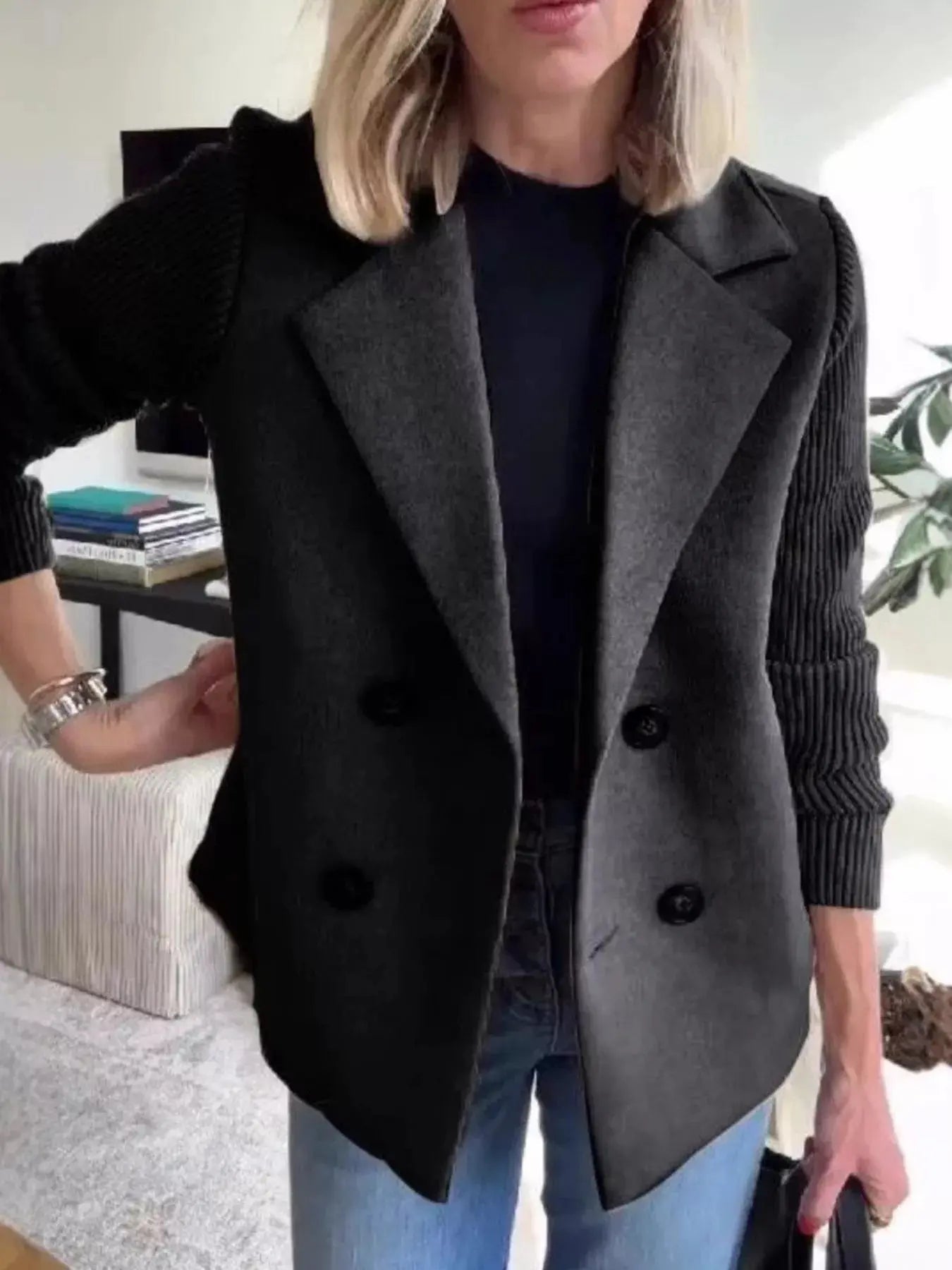 Full Size Knit Sleeve Double - Breasted Outerwear Plus Size - Charmdeals