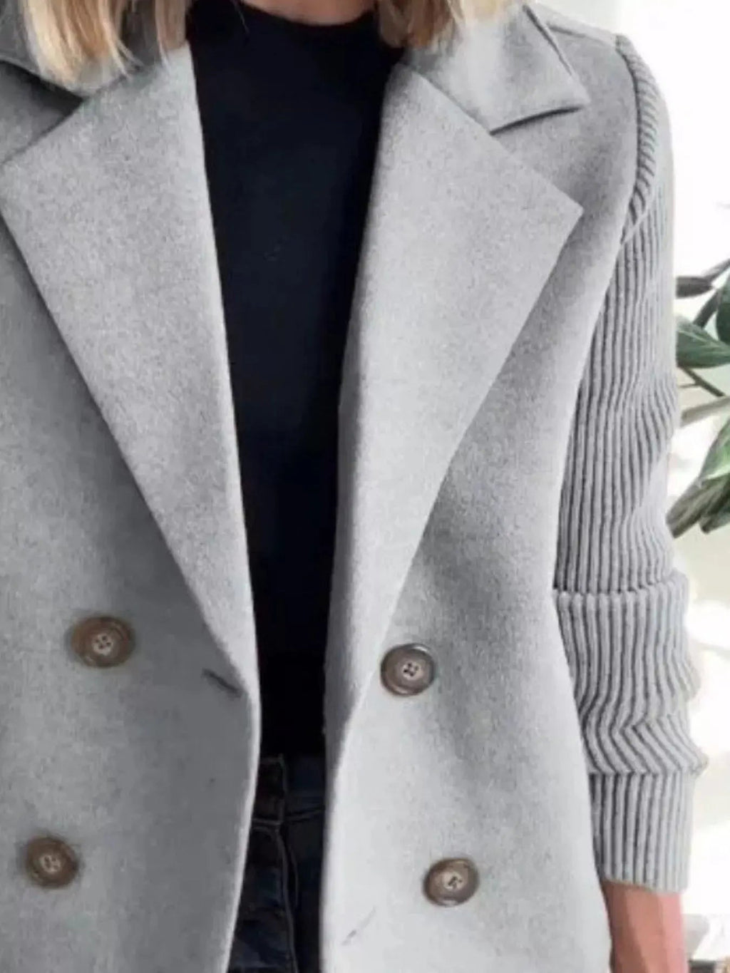 Full Size Knit Sleeve Double - Breasted Outerwear Plus Size - Charmdeals