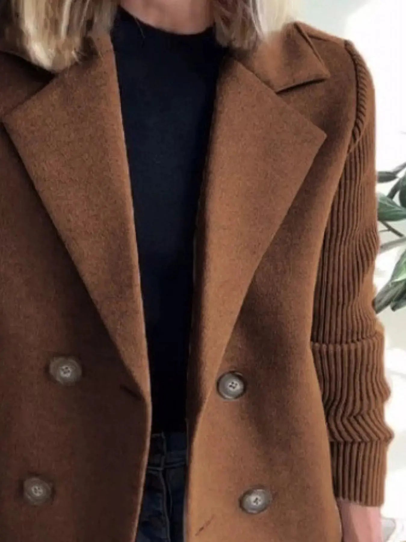 Full Size Knit Sleeve Double - Breasted Outerwear Plus Size - Charmdeals