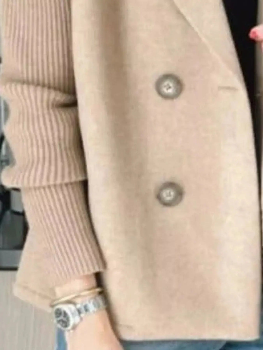 Full Size Knit Sleeve Double - Breasted Outerwear Plus Size - Charmdeals