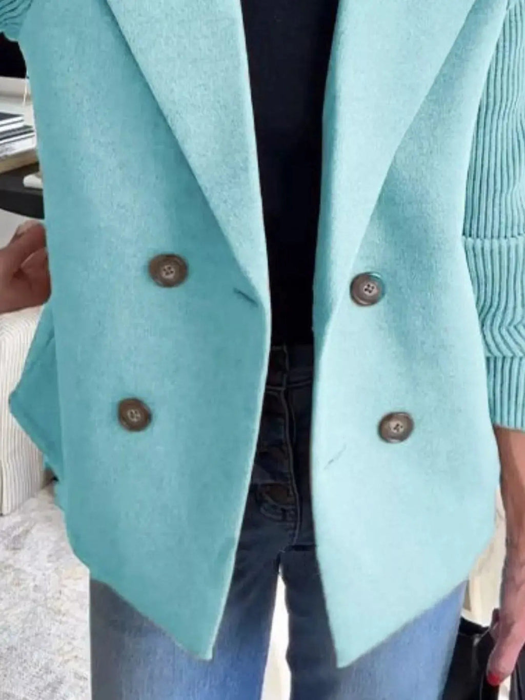Full Size Knit Sleeve Double - Breasted Outerwear Plus Size - Charmdeals