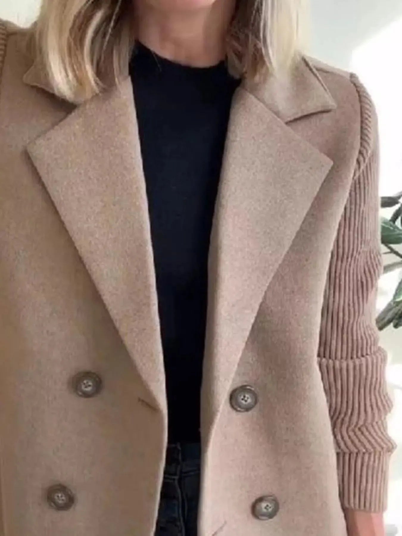 Full Size Knit Sleeve Double - Breasted Outerwear Plus Size - Charmdeals
